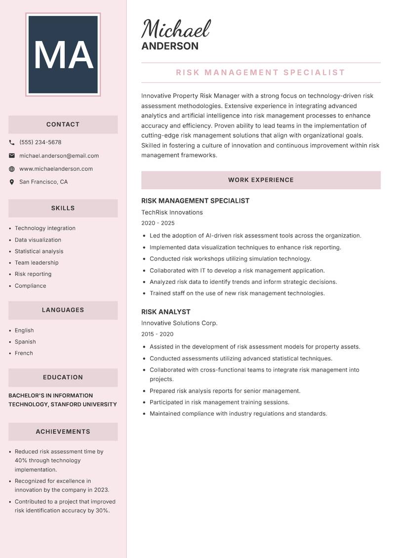 Property Risk Manager resume sample — Risk Management Specialist focus