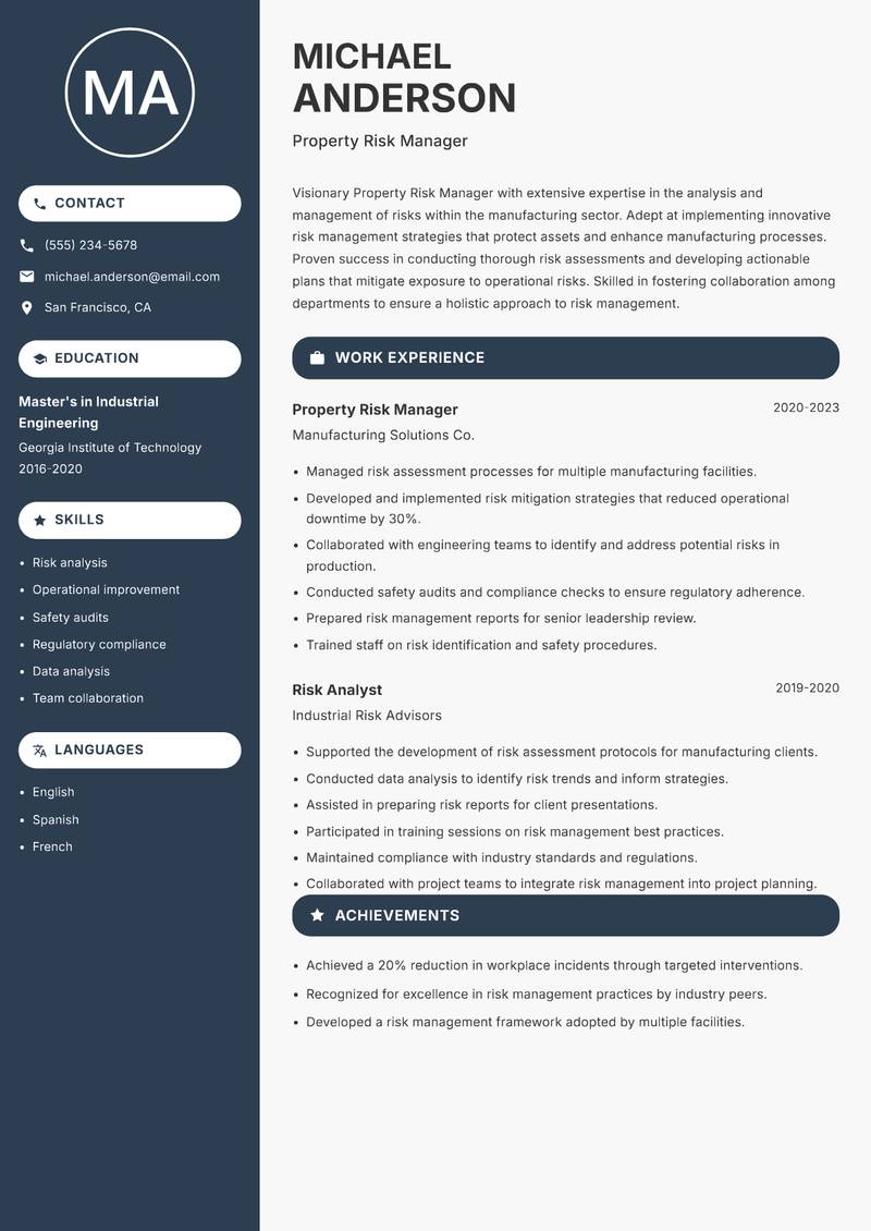 Property Risk Manager resume sample — Property Risk Manager focus
