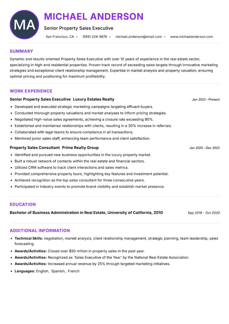 Property Sales Executive resume example