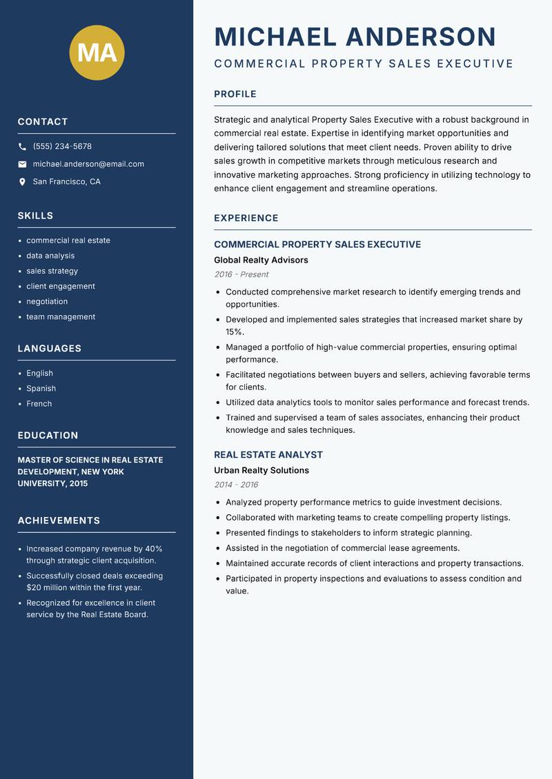 Property Sales Executive resume sample — Commercial Property Sales Executive focus