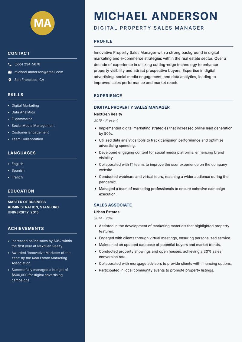 Property Sales Manager resume sample — Digital Property Sales Manager focus