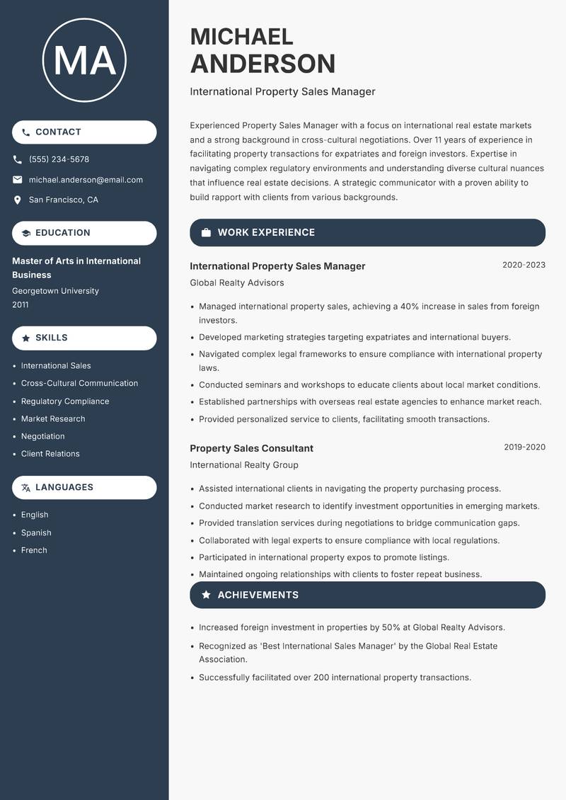 Property Sales Manager resume sample — International Property Sales Manager focus
