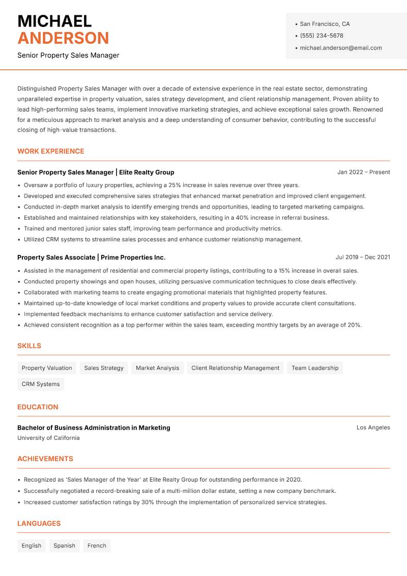 Property Sales Manager resume sample — Senior Property Sales Manager focus