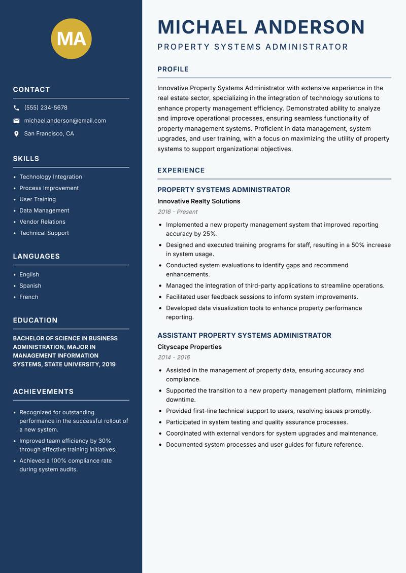 Property Systems Administrator resume sample — Property Systems Administrator focus