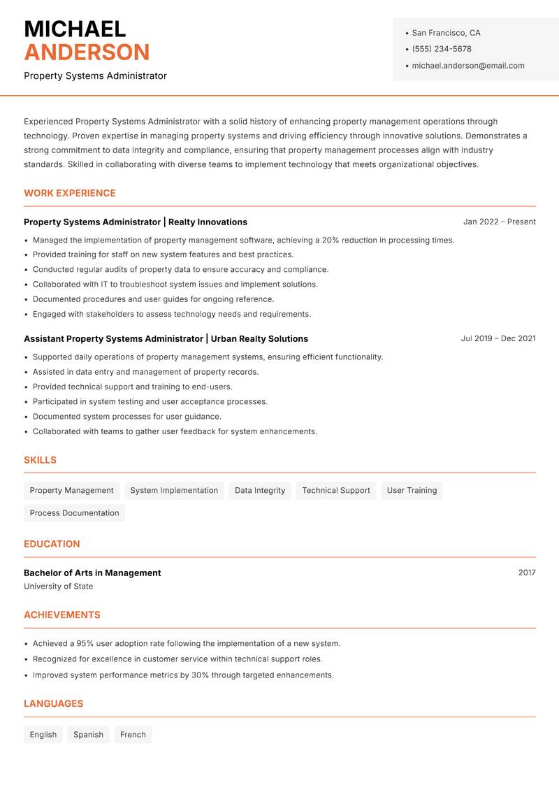 Property Systems Administrator resume sample — Property Systems Administrator focus