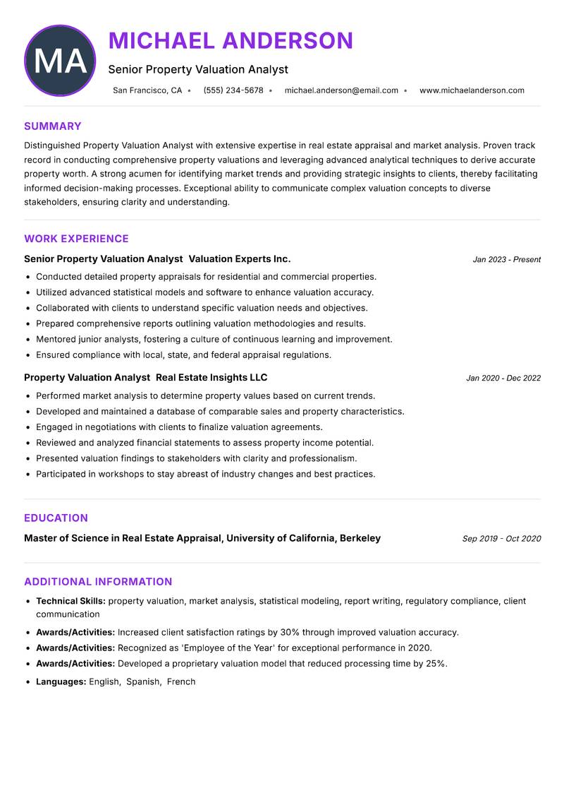 Property Valuation Analyst resume example