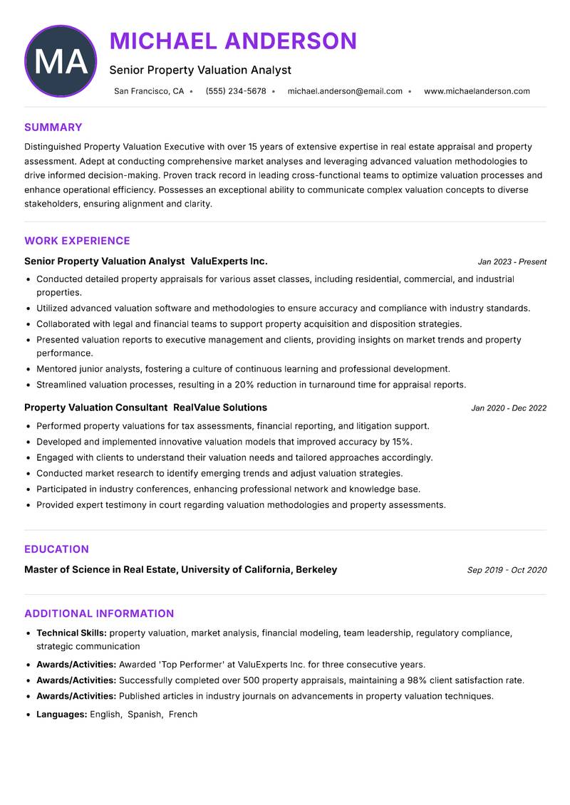 Property Valuation Executive resume example