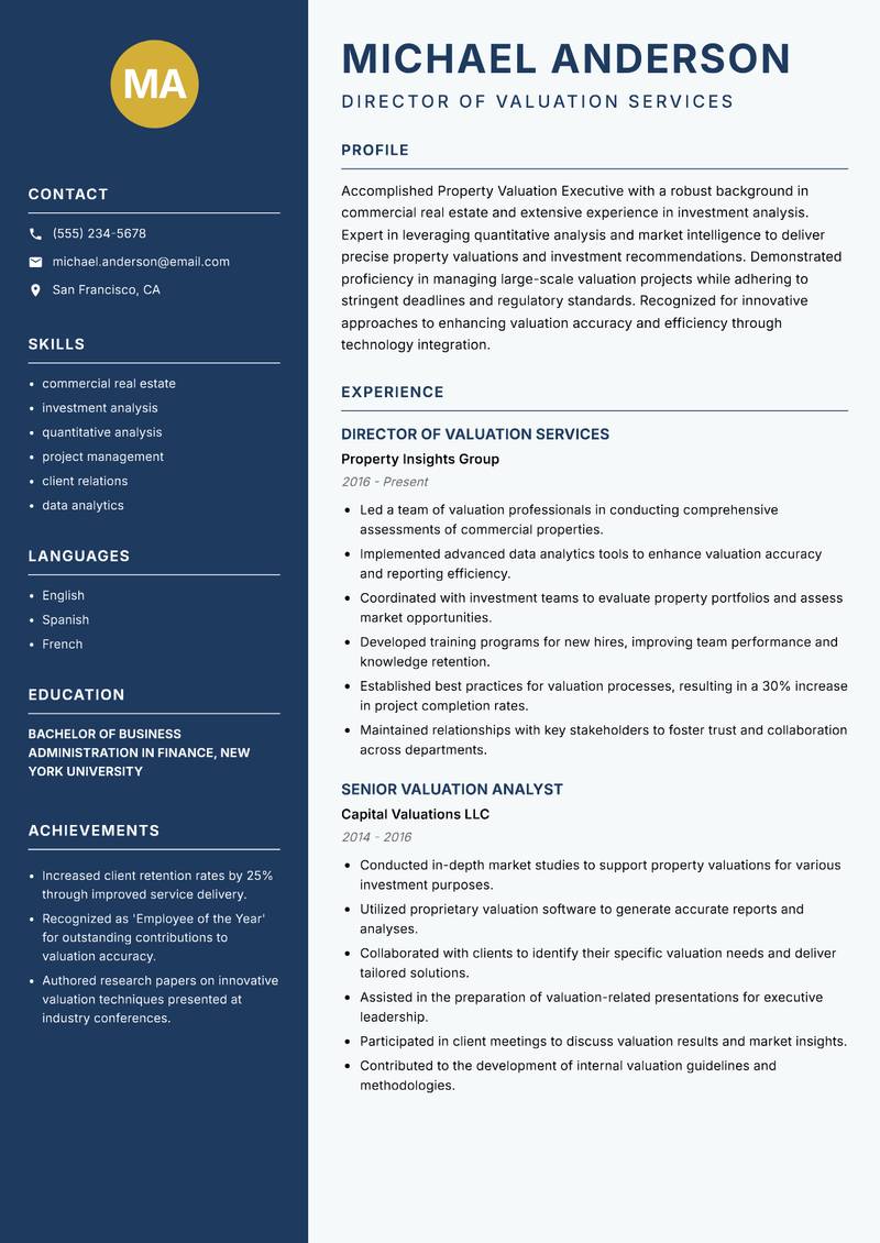 Property Valuation Executive resume sample — Director of Valuation Services focus