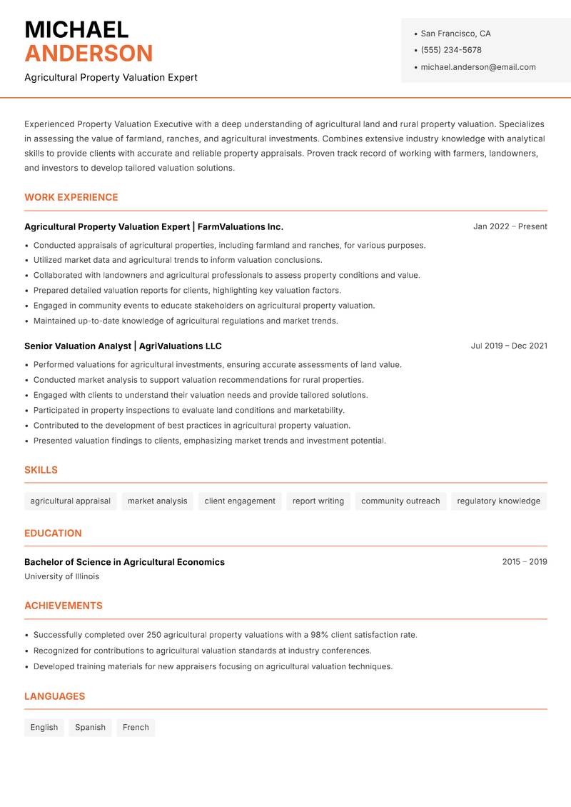 Property Valuation Executive resume sample — Agricultural Property Valuation Expert focus