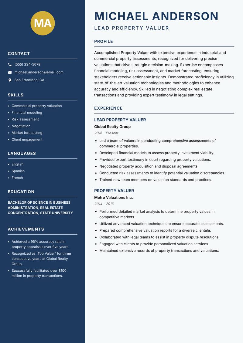 Property Valuer resume sample — Lead Property Valuer focus