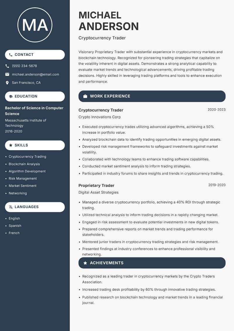 Proprietary Trader resume sample — Cryptocurrency Trader focus