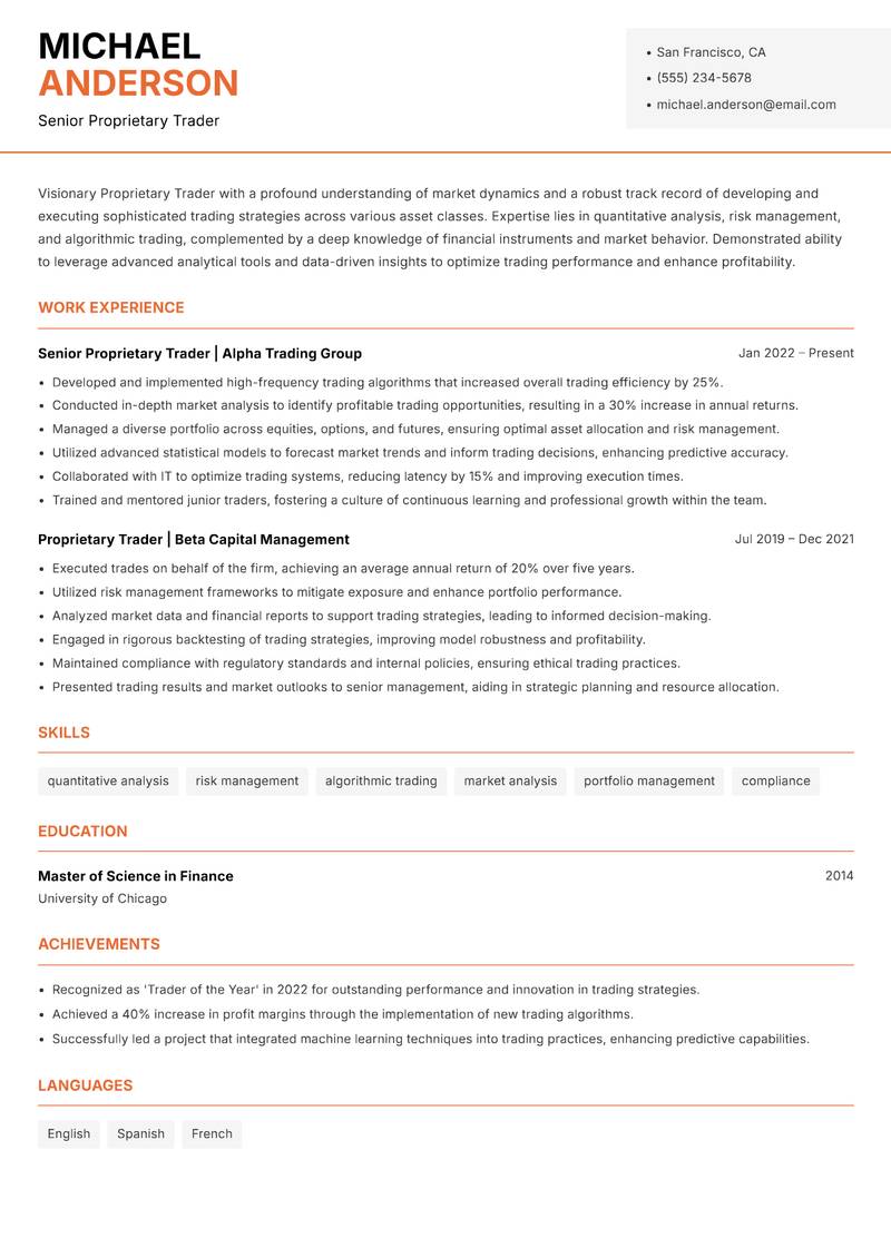 Proprietary Trader resume sample — Senior Proprietary Trader focus