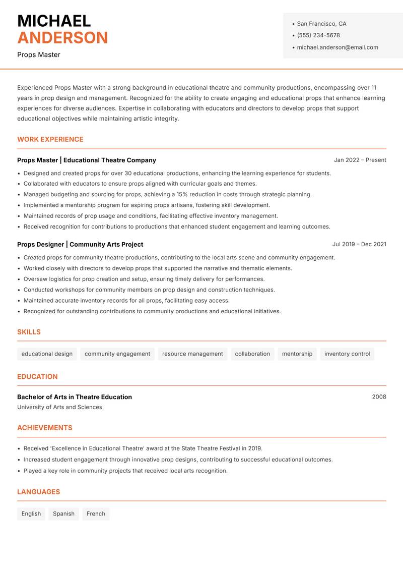 Props Master resume sample — Props Master focus