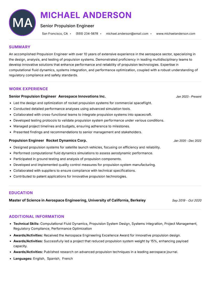 Propulsion Engineer resume example