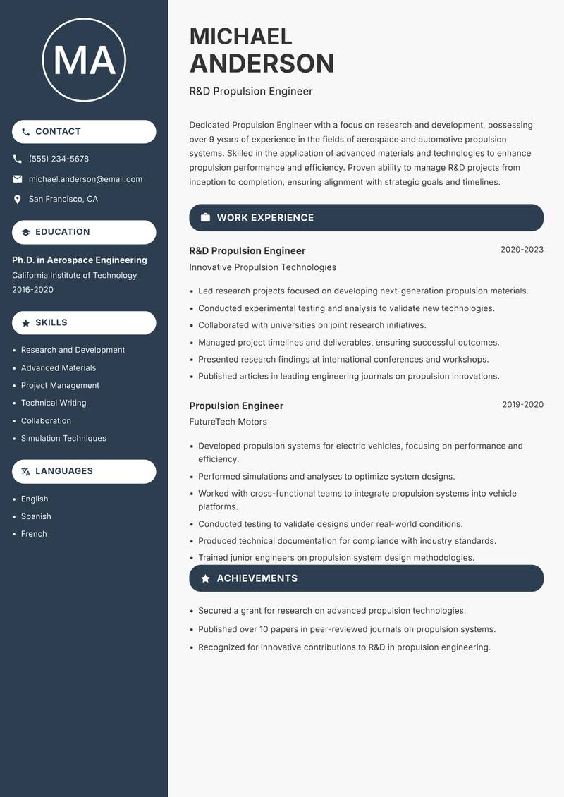 Propulsion Engineer resume sample — R&D Propulsion Engineer focus