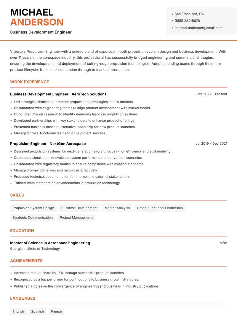 Propulsion Engineer resume sample — Business Development Engineer focus