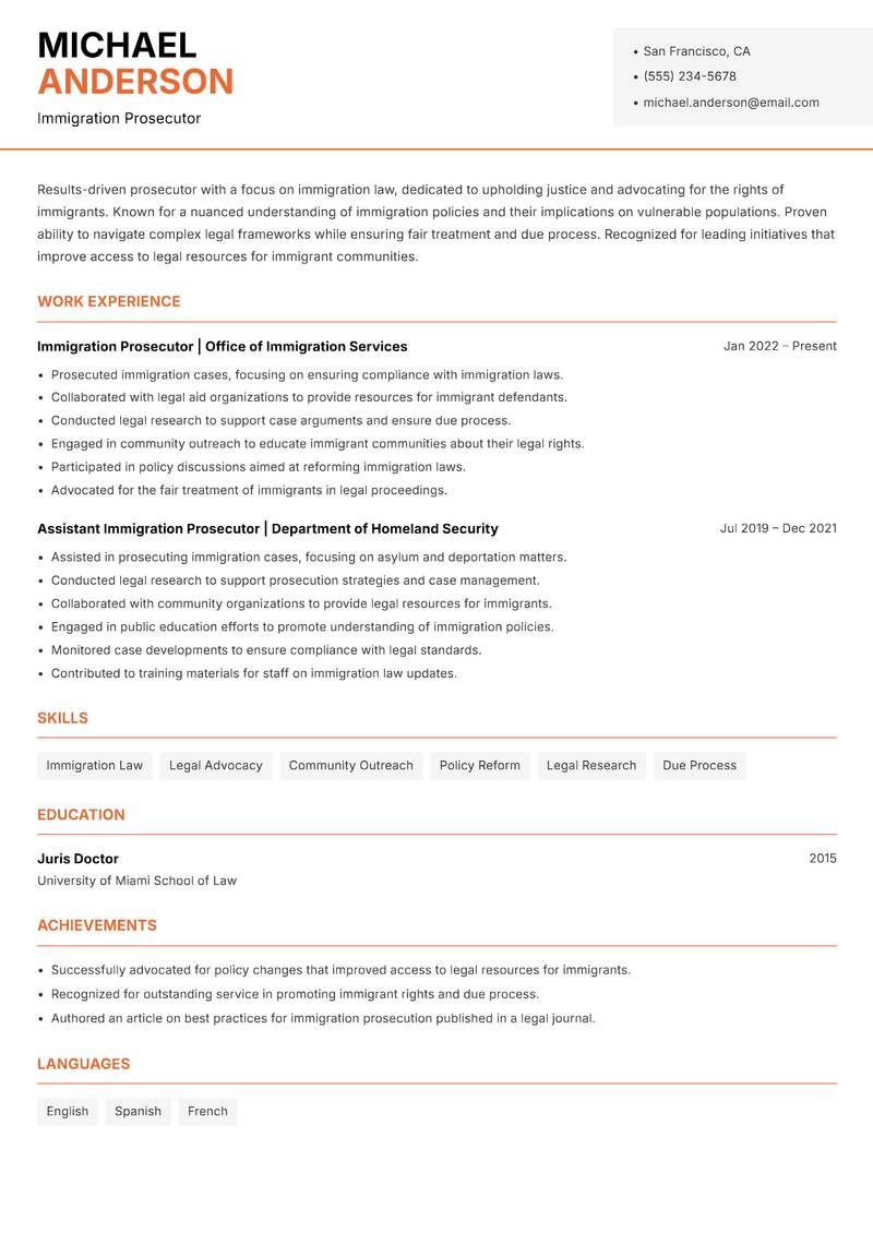 Prosecutor resume sample — Immigration Prosecutor focus