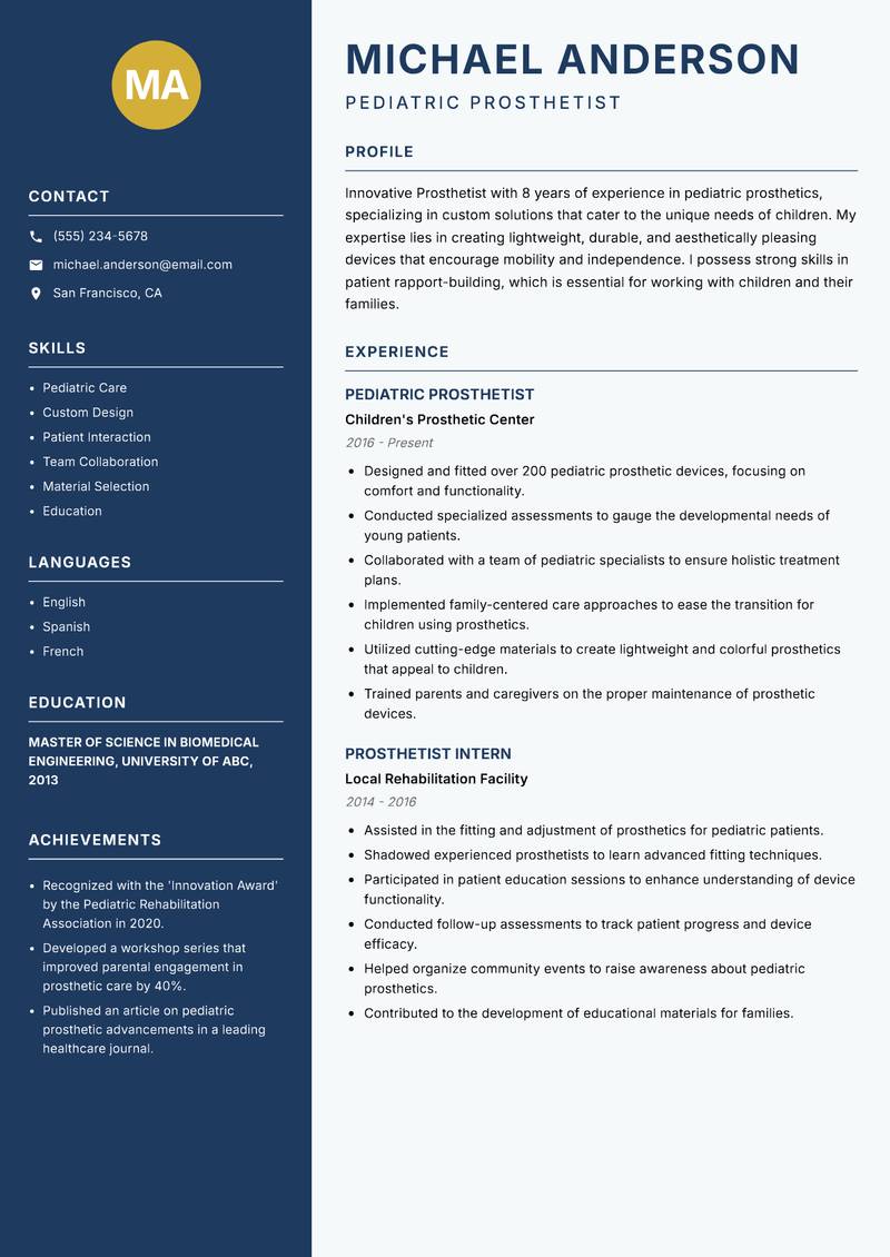 Prosthetist resume sample — Pediatric Prosthetist focus