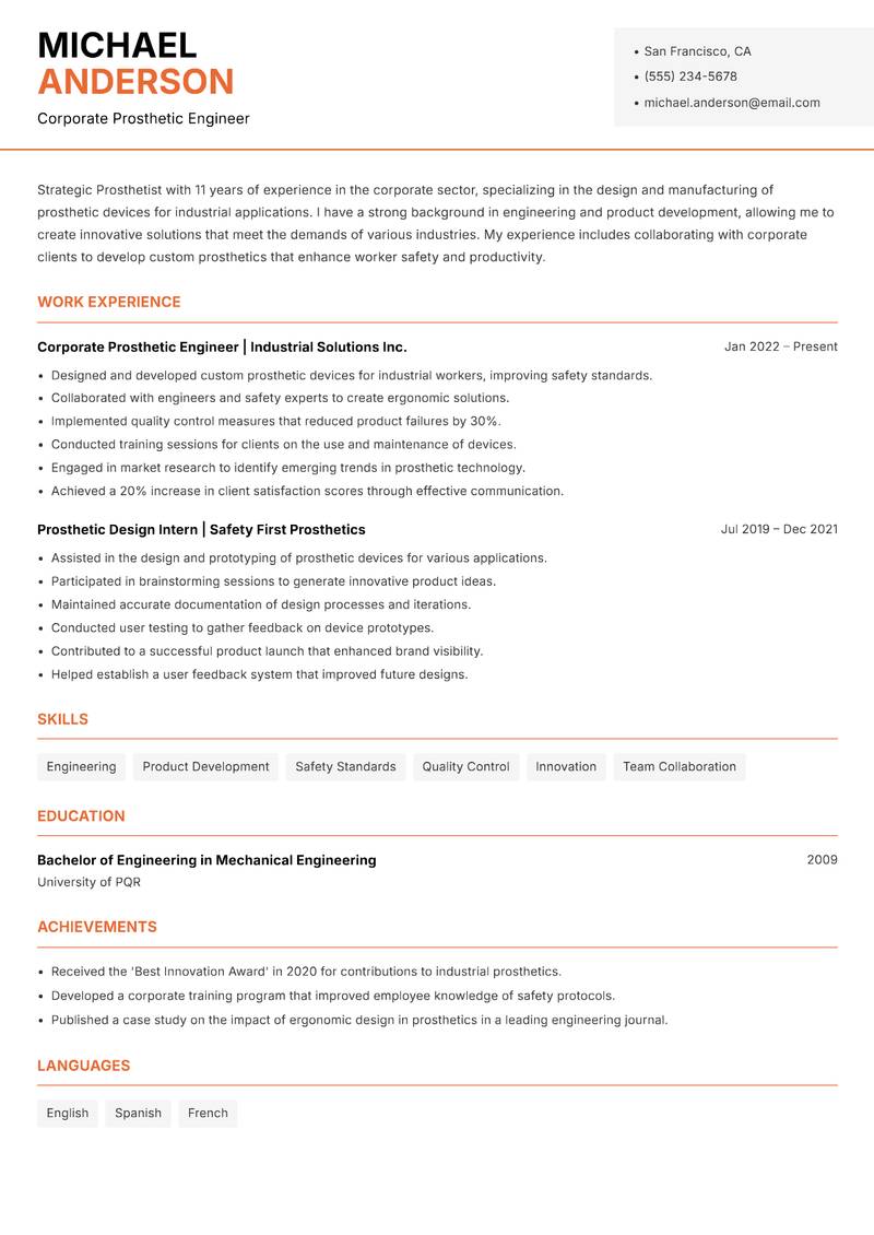 Prosthetist resume sample — Corporate Prosthetic Engineer focus