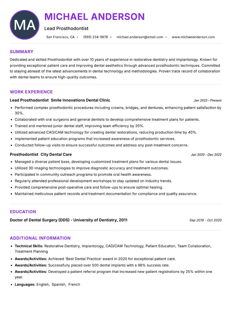 Prosthodontist resume example