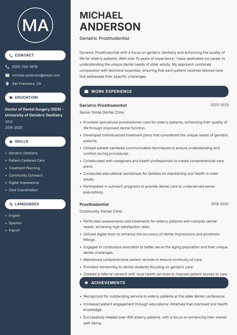 Prosthodontist resume sample — Geriatric Prosthodontist focus