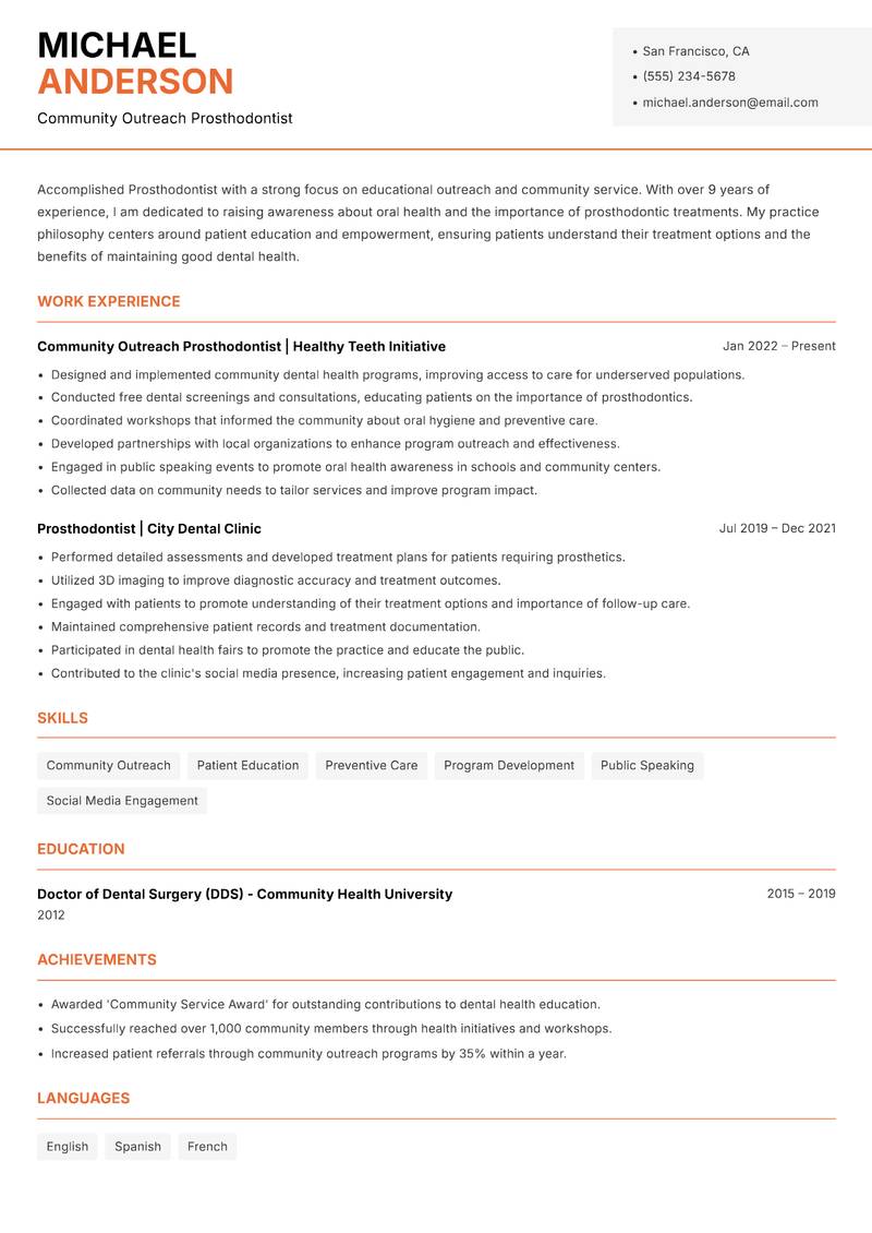 Prosthodontist resume sample — Community Outreach Prosthodontist focus