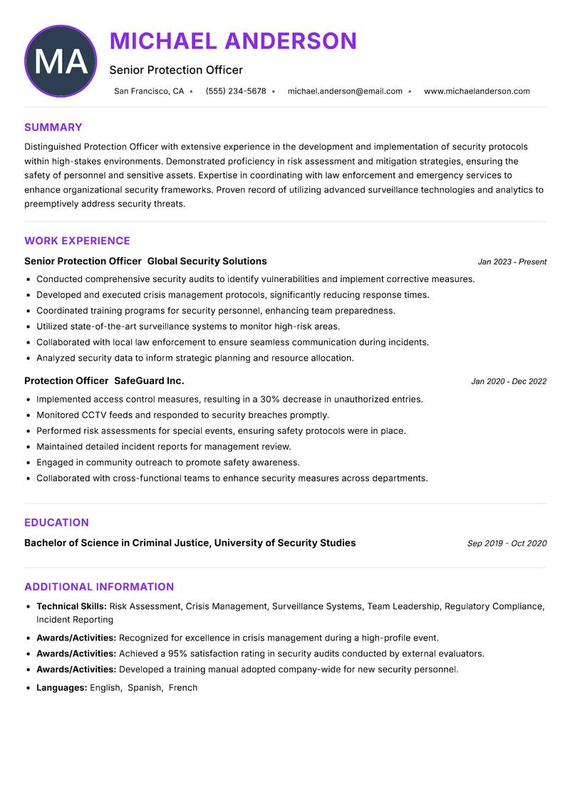 Protection Officer resume example