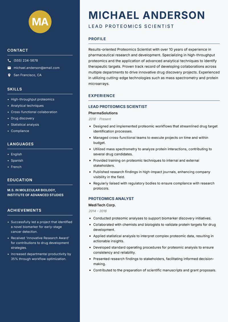 Proteomics Scientist resume sample — Lead Proteomics Scientist focus