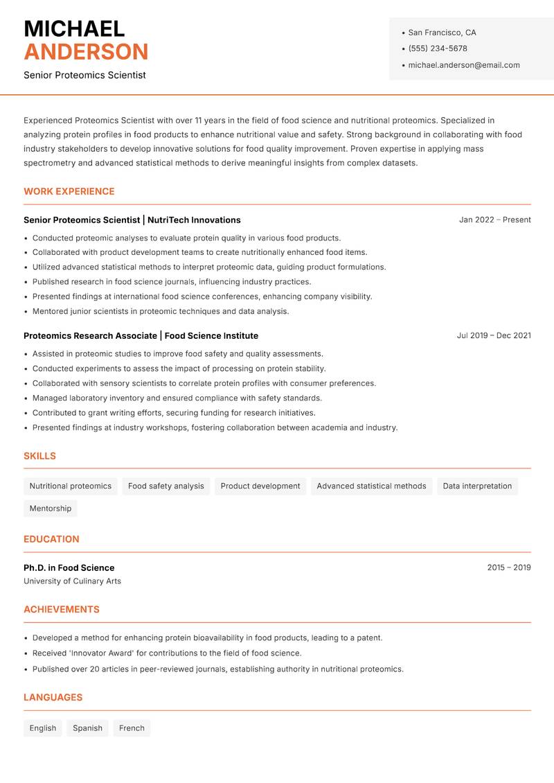 Proteomics Scientist resume sample — Senior Proteomics Scientist focus