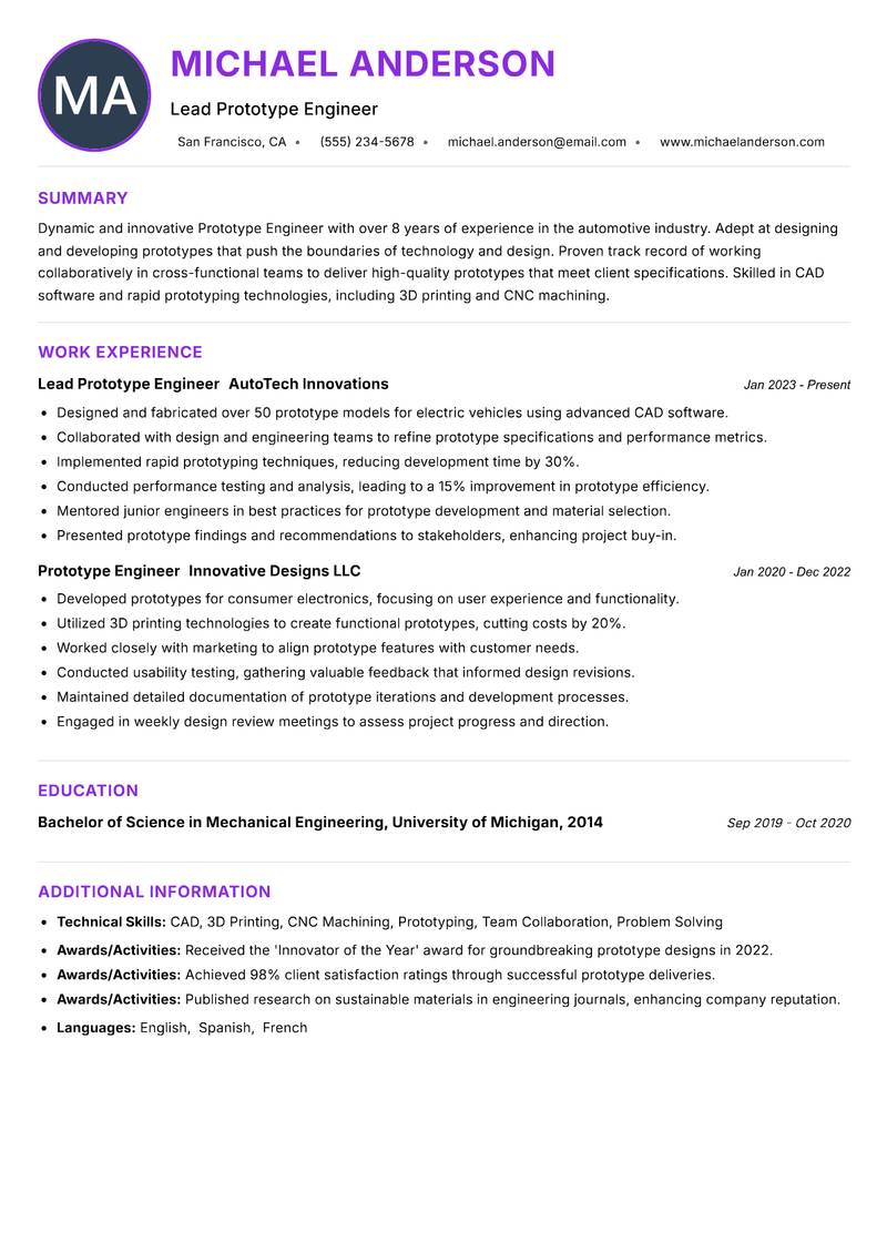 Prototype Engineer resume example