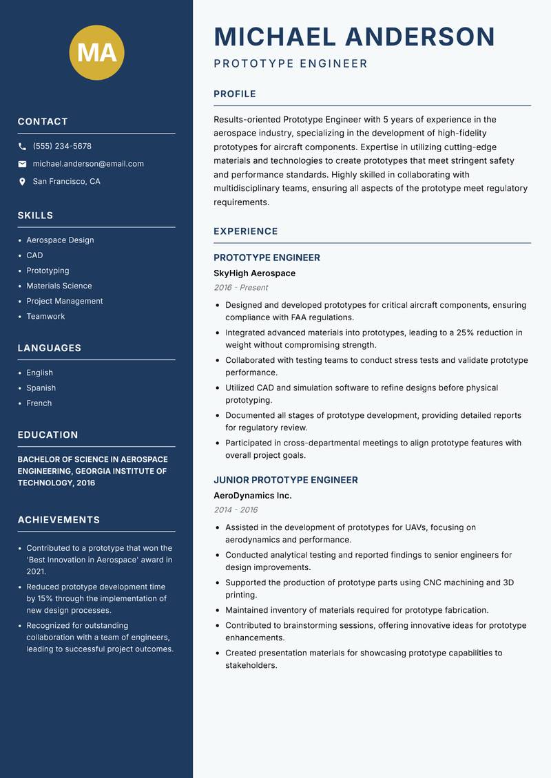 Prototype Engineer resume sample — Prototype Engineer focus