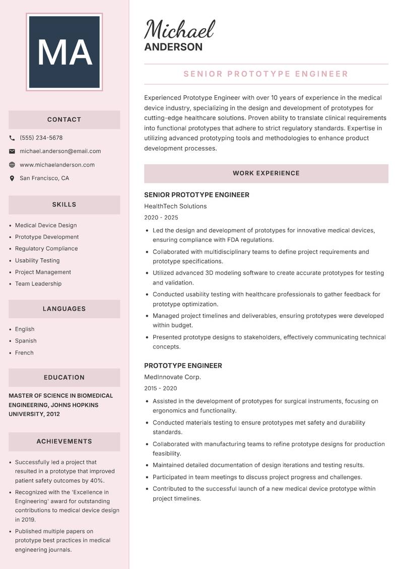 Prototype Engineer resume sample — Senior Prototype Engineer focus