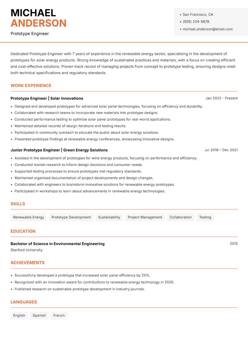 Prototype Engineer resume sample — Prototype Engineer focus