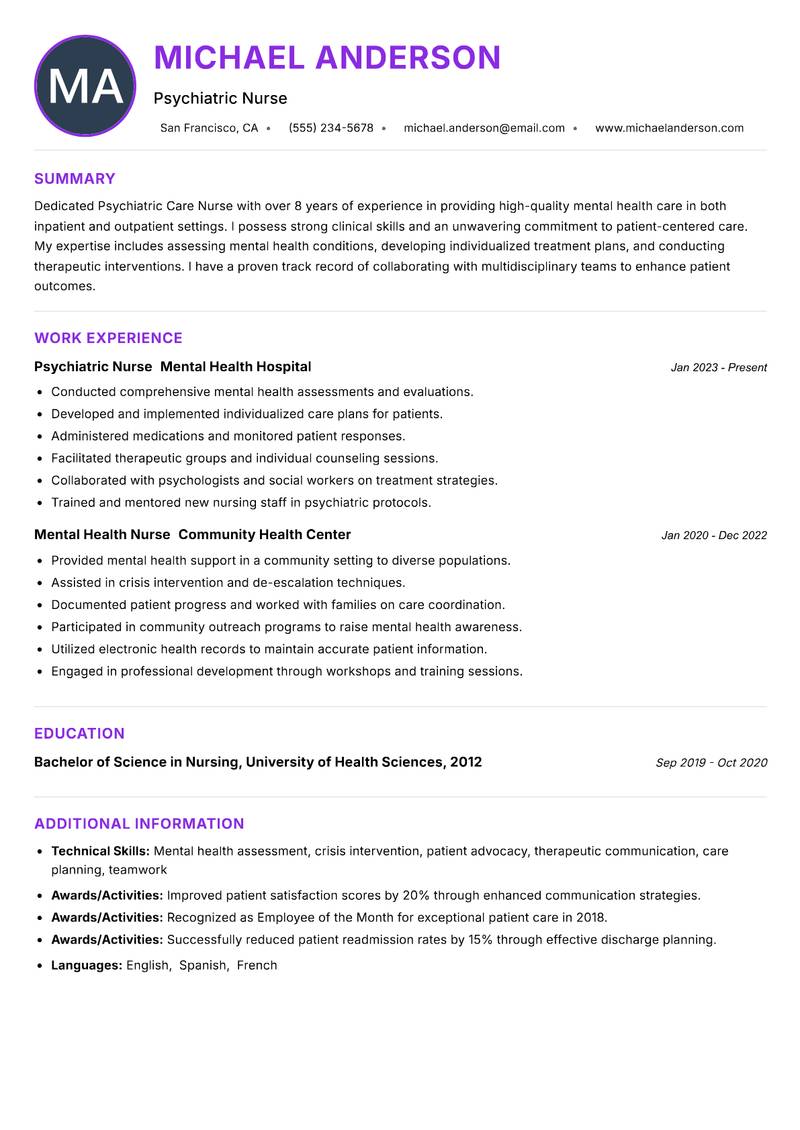 Psychiatric Care Nurse resume example