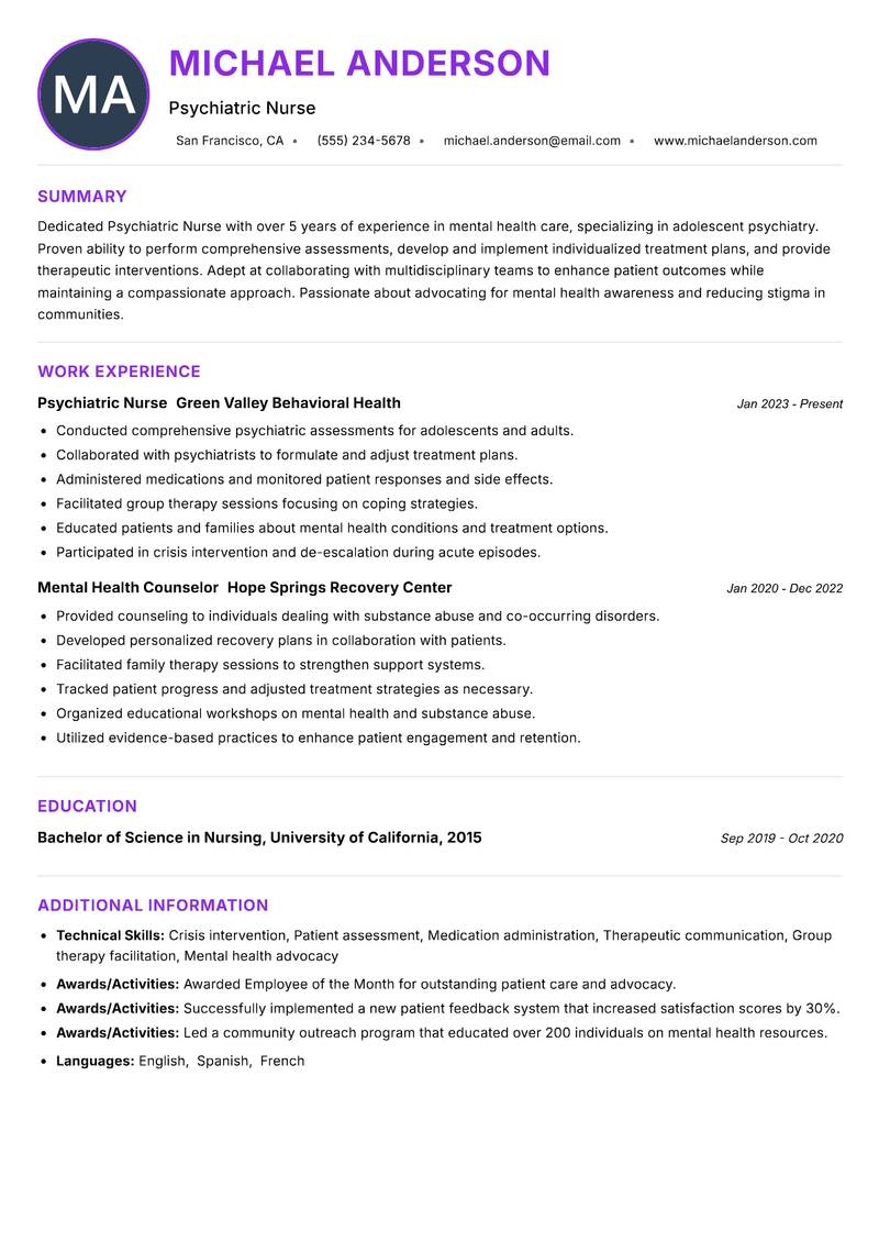 Psychiatric Nurse resume example