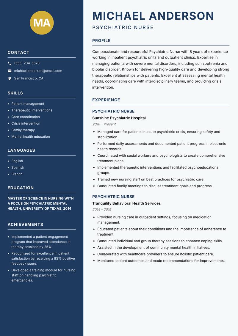 Psychiatric Nurse resume sample — Psychiatric Nurse focus