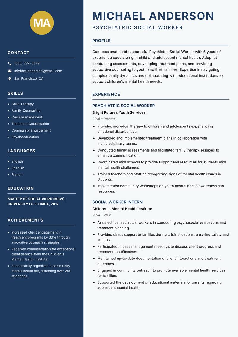 Psychiatric Social Worker resume sample — Psychiatric Social Worker focus