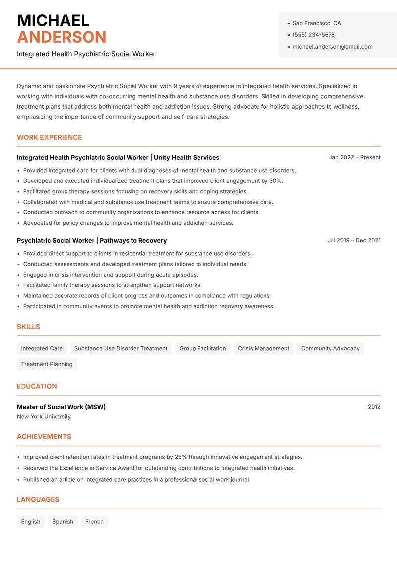 Psychiatric Social Worker resume sample — Integrated Health Psychiatric Social Worker focus