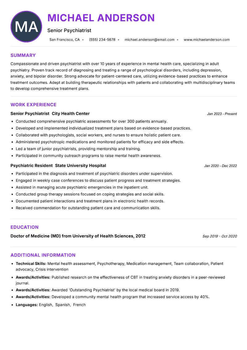 Psychiatrist resume example