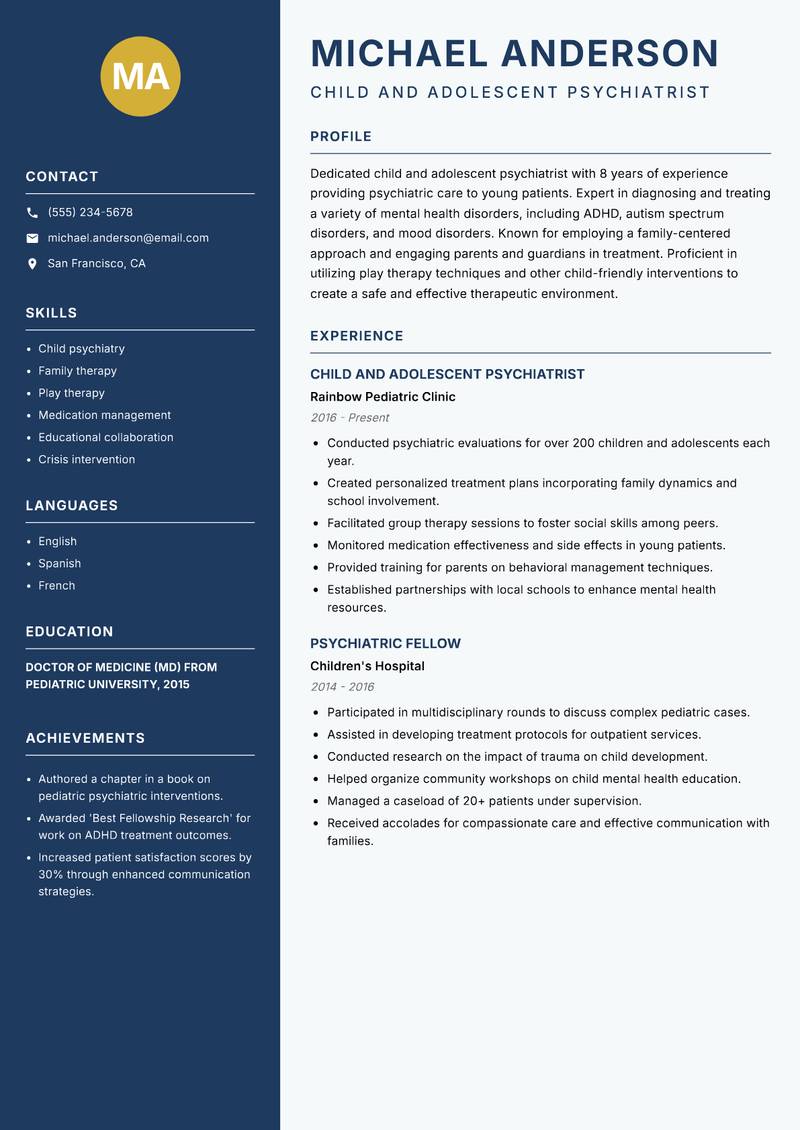 Psychiatrist resume sample — Child and Adolescent Psychiatrist focus