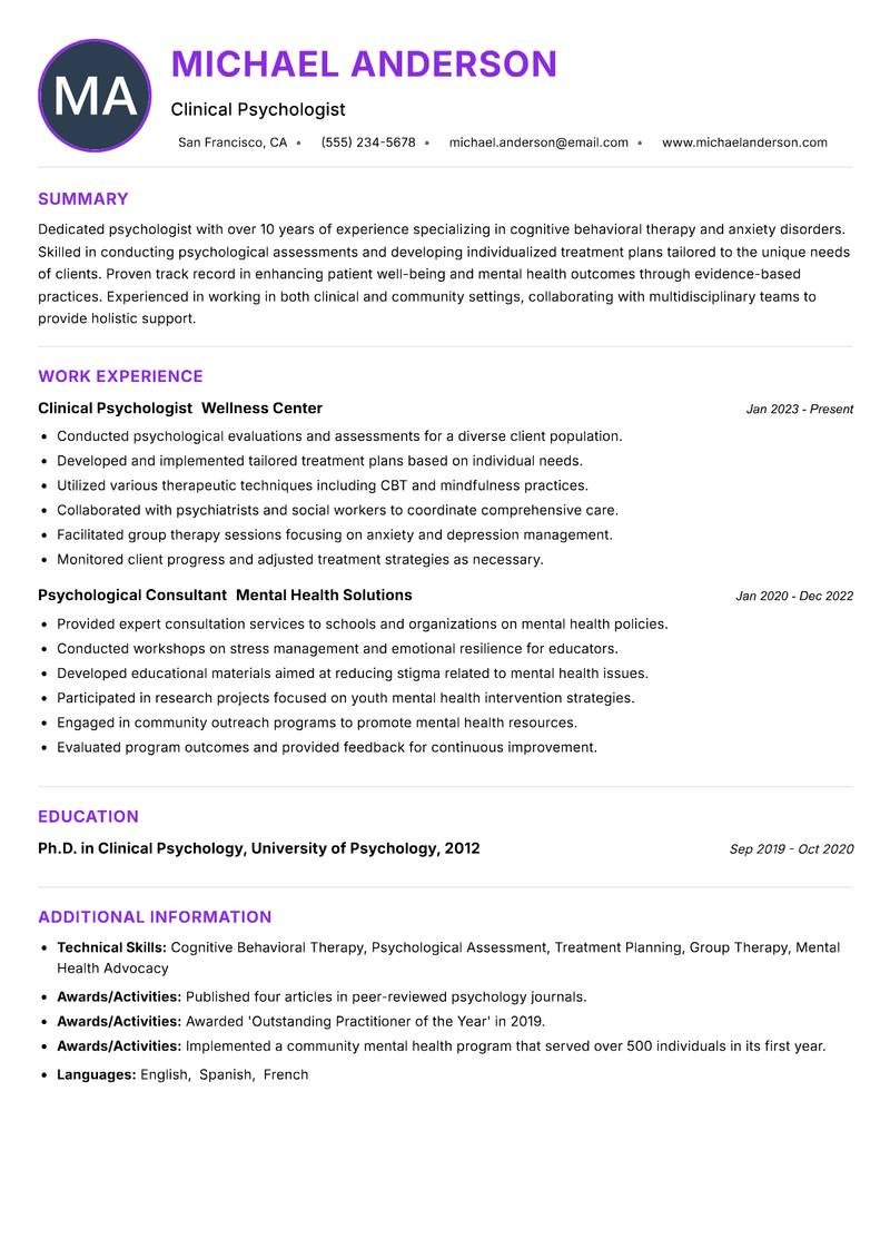 Psychologist resume example