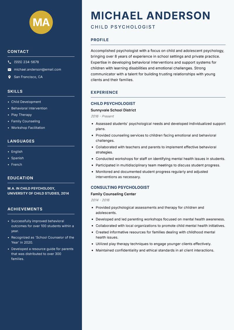 Psychologist resume sample — Child Psychologist focus