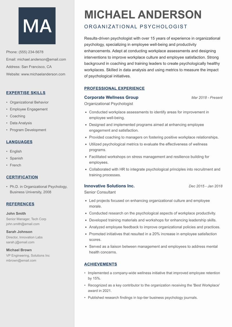 Psychologist resume sample — Organizational Psychologist focus