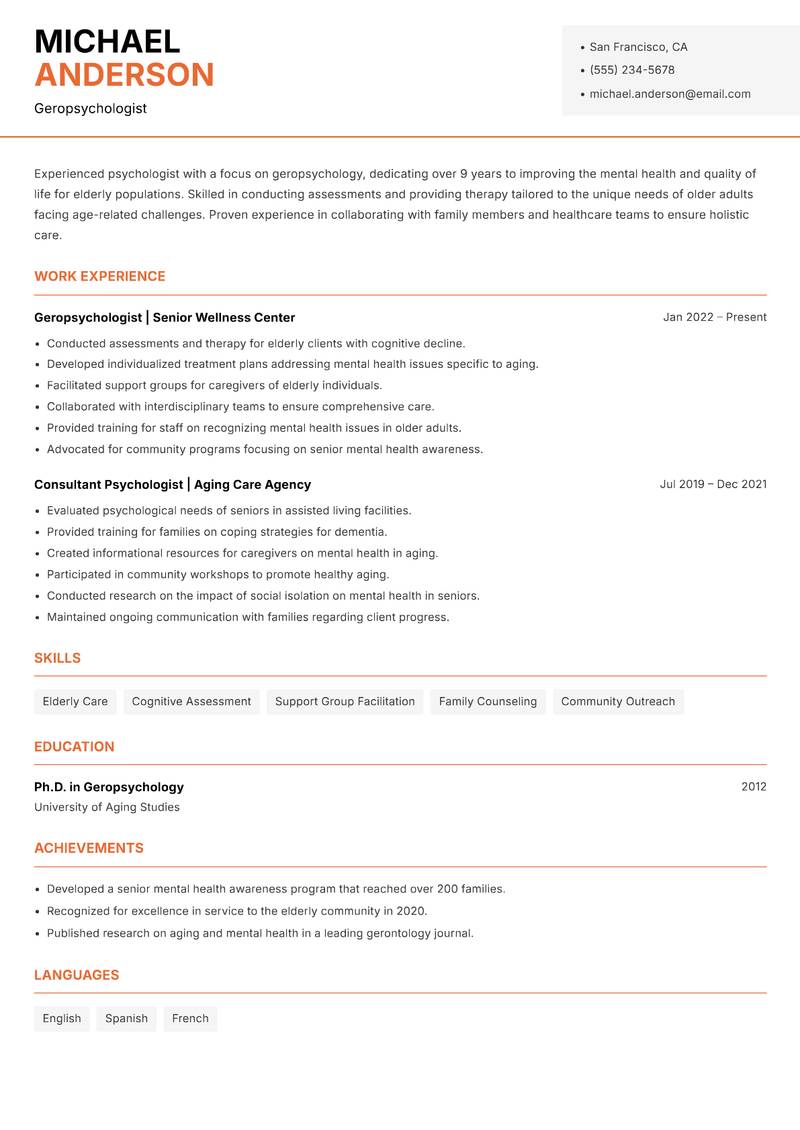 Psychologist resume sample — Geropsychologist focus