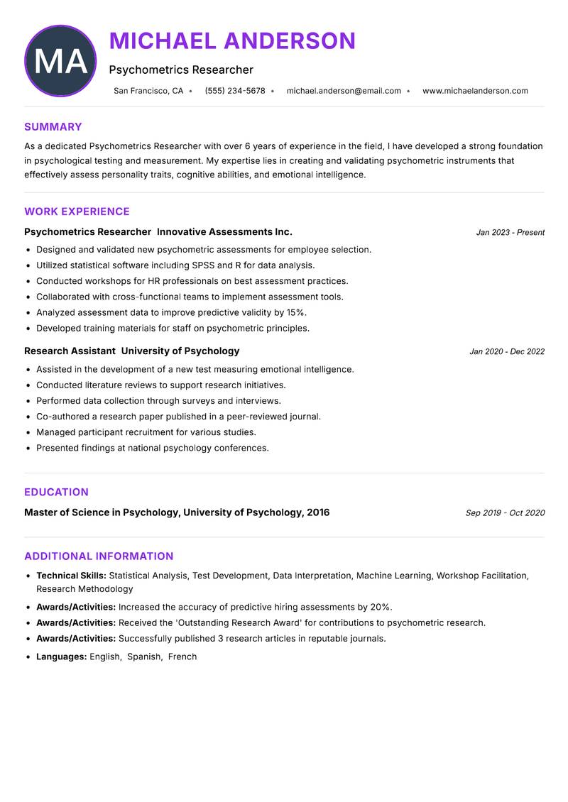 Psychometrics Researcher resume example