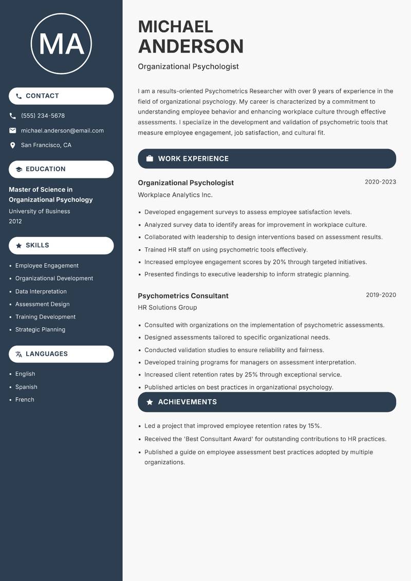 Psychometrics Researcher resume sample — Organizational Psychologist focus