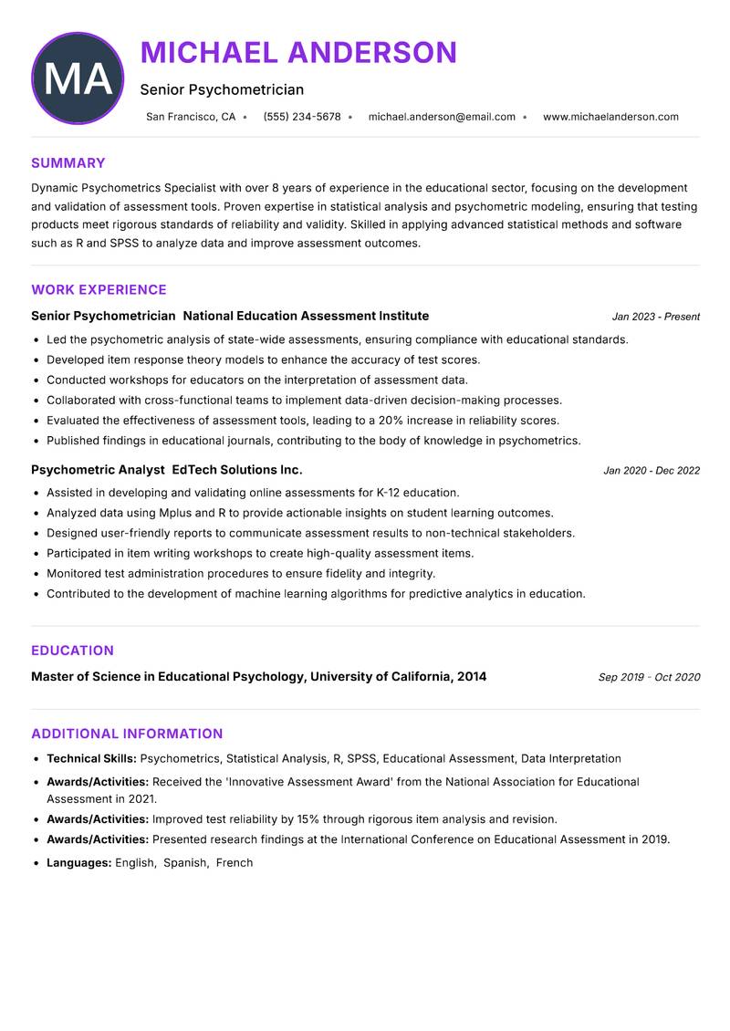 Psychometrics Specialist resume example