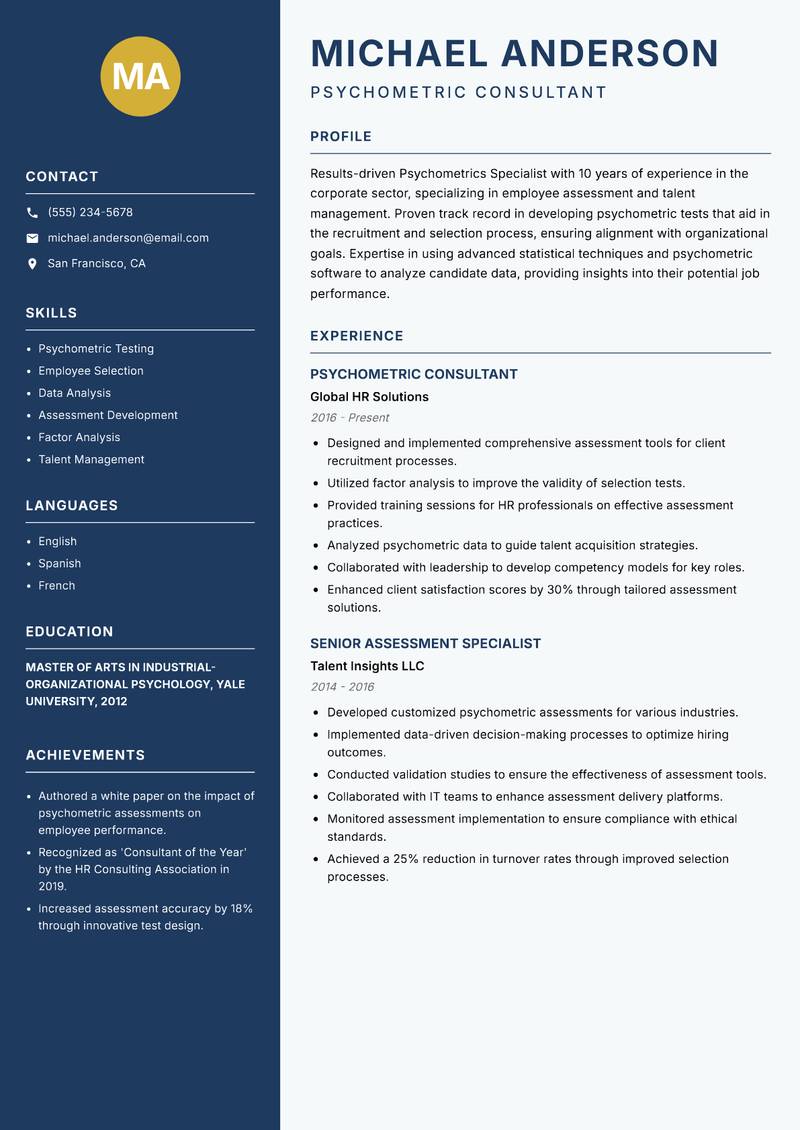 Psychometrics Specialist resume sample — Psychometric Consultant focus