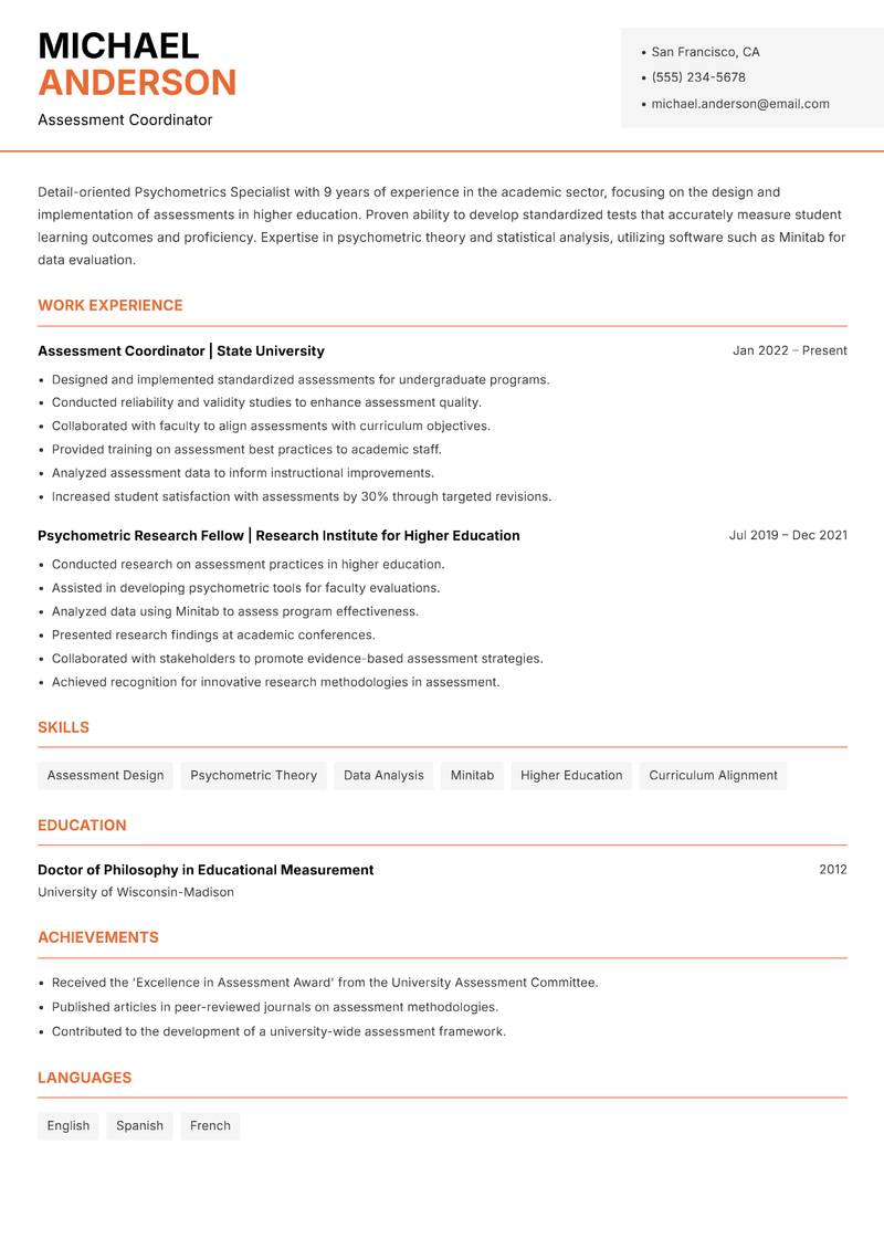 Psychometrics Specialist resume sample — Assessment Coordinator focus