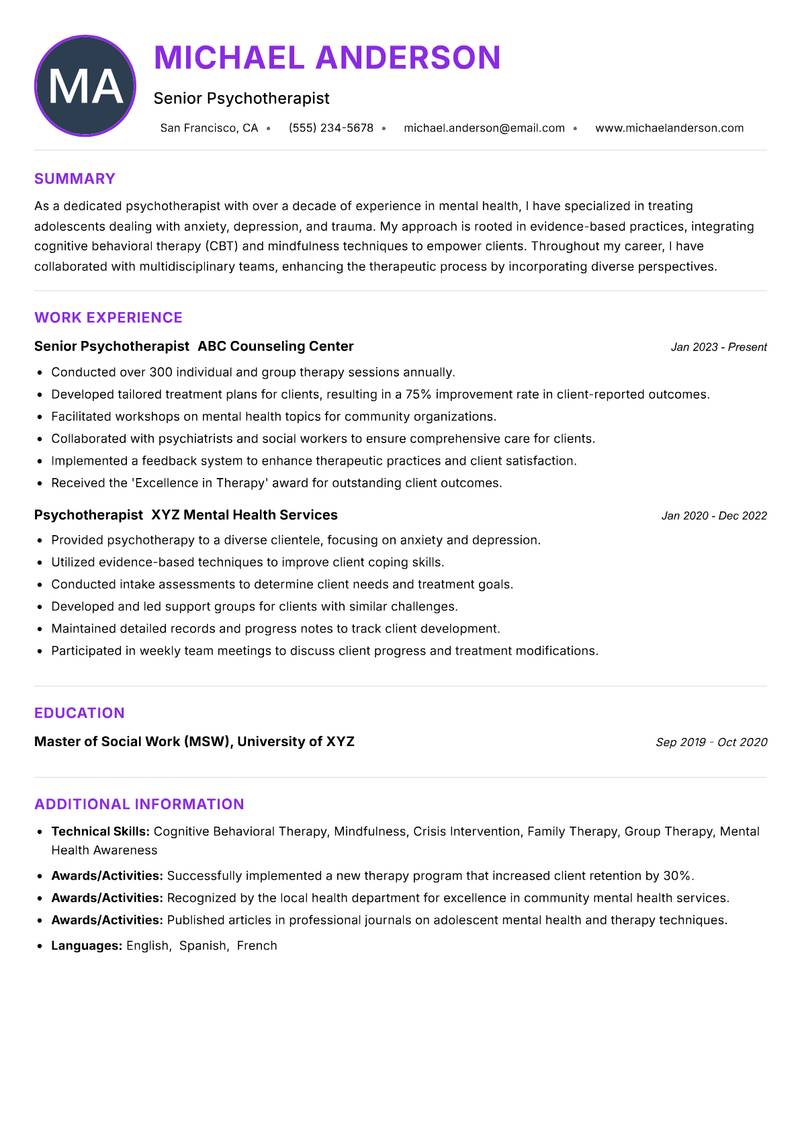 Psychotherapist resume example